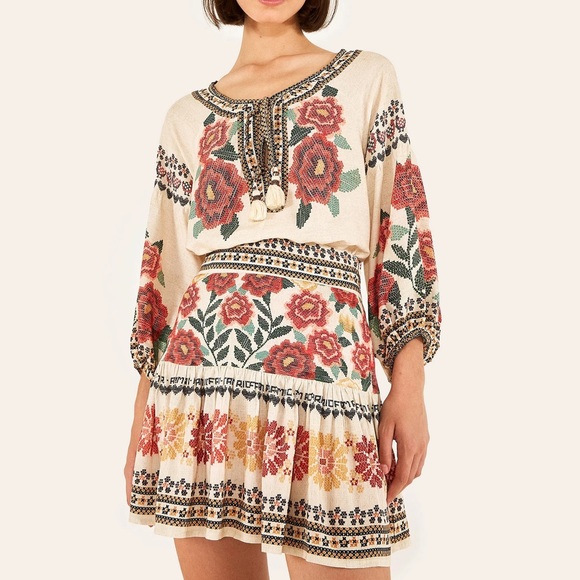 Farm Rio Mini Skirt Floral Cross Stitch pattern print - Size XL - Picture 2 of 7